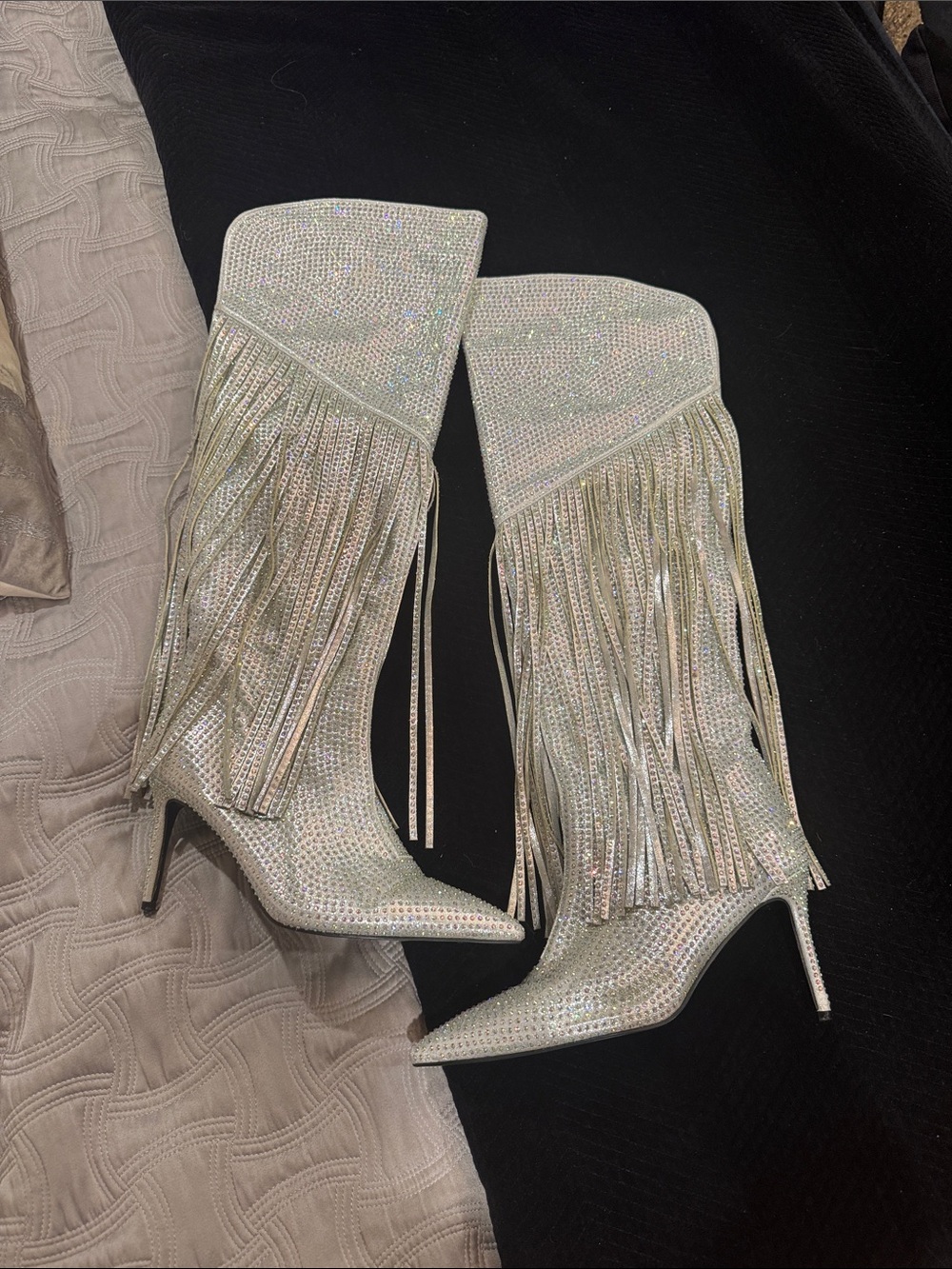 REVOLVE Sparkling White Fringe Heeled Boots